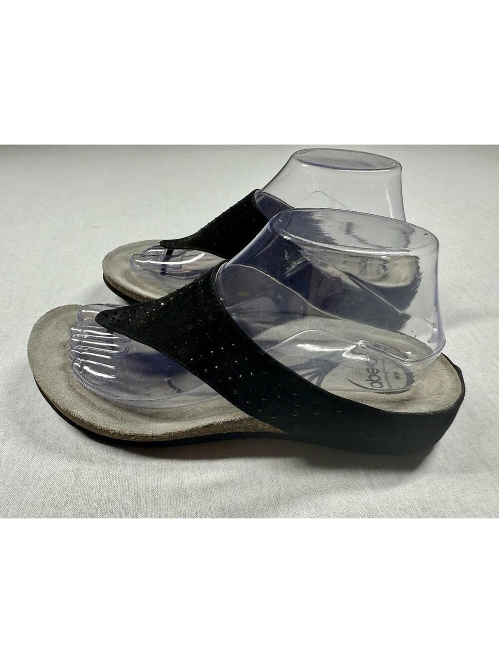 Abeo Sandals Women Sz 9 Black Bravo Thong Wedge Sparkly Gems CUTE‎